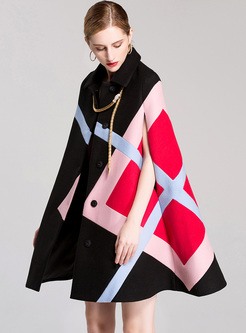 Chic Color-blocked High Neck Caped Coat
