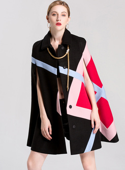 Chic Color-blocked High Neck Caped Coat