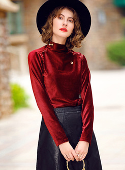 Wine Red Beaded Sequined Loose T-shirt