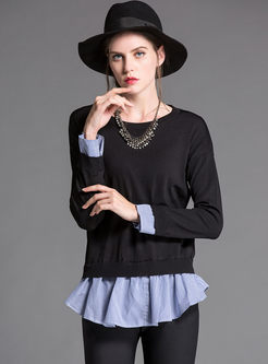 Black Brief Stitching Long Sleeve Knitted Sweater