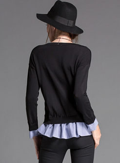 Black Brief Stitching Long Sleeve Knitted Sweater