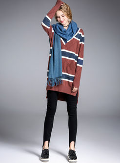 Striped Hit Color V-neck Slit Knitted Sweater