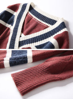 Striped Hit Color V-neck Slit Knitted Sweater