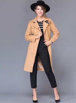 Fashionable Turn Down Collar Belt Woolen Trench Coat