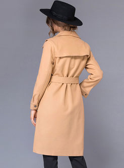Fashionable Turn Down Collar Belt Woolen Trench Coat