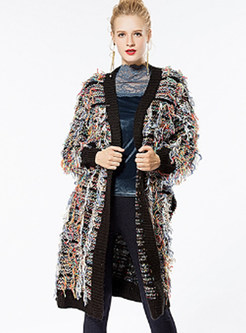 Stylish Fringe V-neck Multicolored Coat