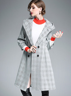 Grey Stylish Hooded Checked Trench Coat
