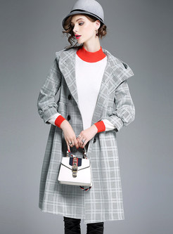 Grey Stylish Hooded Checked Trench Coat