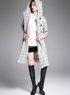 Apricot Stylish Hooded Checked Trench Coat