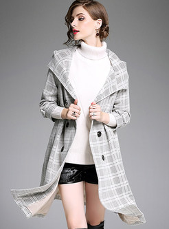 Apricot Stylish Hooded Checked Trench Coat