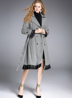 Chic Lace-hem Double-breasted Belted Trench Coat