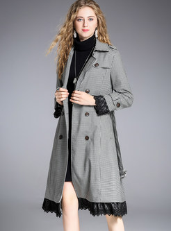 Chic Lace-hem Double-breasted Belted Trench Coat