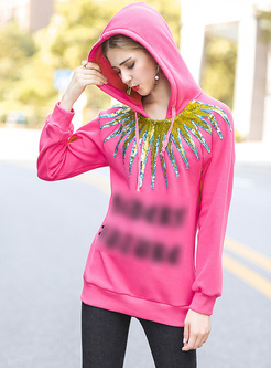 Casual Color-blocked Sequined Hoodies