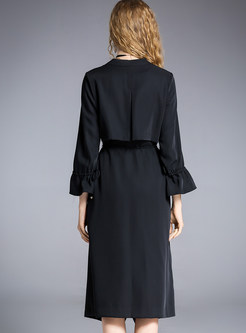Black Fashion Asymmetric Tie Waist Trench Coat