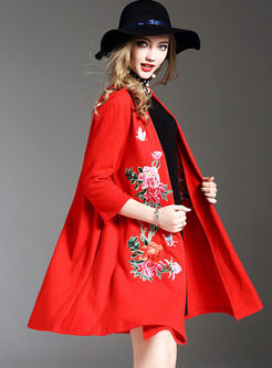 Ethnic V-neck Embroidery Woolen Coat