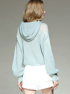 Blue Loose Hooded Tied Pullover Sweater