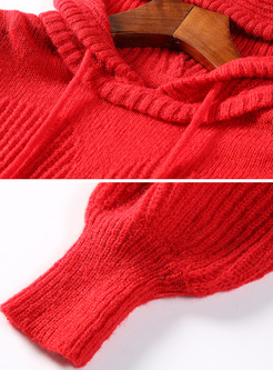 Red Loose Hooded Tied Pullover Sweater