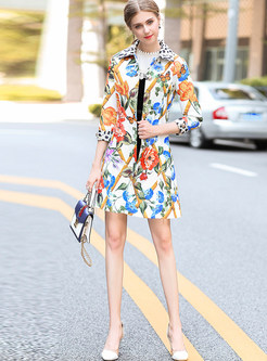 Street Floral Turn Down Collar Trench Coat