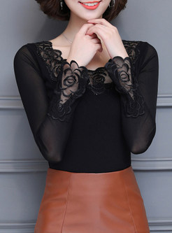 Black Sexy Lace Patchwork Embellished O-neck T-shirt