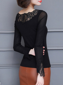 Black Sexy Lace Patchwork Embellished O-neck T-shirt
