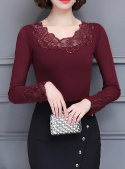 Wine Red Sexy Lace Patchwork Embellished O-neck T-shirt