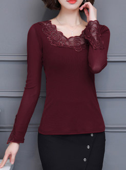 Wine Red Sexy Lace Patchwork Embellished O-neck T-shirt