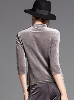 Fashion Stand Collar Three Quarters Sleeve Velvet T-shirt