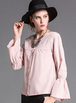 Pink Brief Bell Sleeve Single-breasted O-neck Blouse