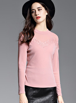 Pink Fashion Lace O-neck Sweater