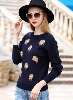 Deep Blue Street Embellished O-neck Sweater