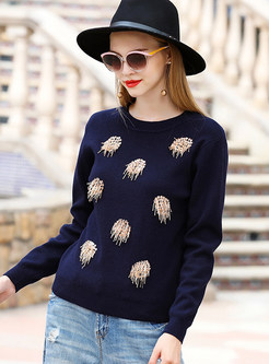 Deep Blue Street Embellished O-neck Sweater