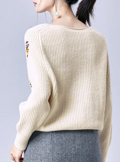 Sweet Slash Sleeve Embroidery Sweater