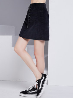 Black Stylish Belted Cotton Mini Skirt