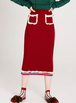 Fashion Red Knitted With Pockets Skirt