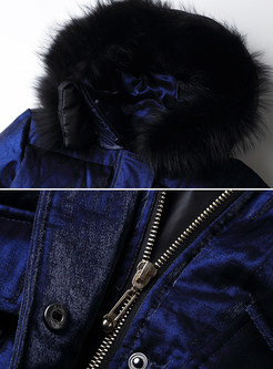 Blue Fashion Fur Collar Hooded Short Down Coat