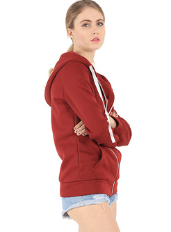 Red Casual Tied Color-blocked Hoodies