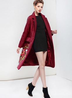 Wine Red Elegant Embroidery Floral Down Coat