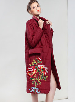 Wine Red Elegant Embroidery Floral Down Coat
