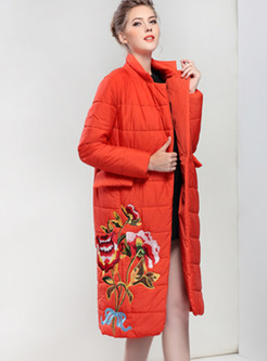Orange Elegant Embroidery Floral Down Coat