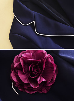Navy Blue Work Floral Notched Blazer & Ruffled Knee-length Skirt 