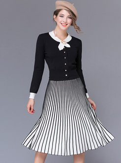 Sweet Splicing Knitted Top & A-line Pleated Skirt
