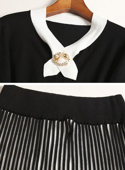 Sweet Splicing Knitted Top & A-line Pleated Skirt
