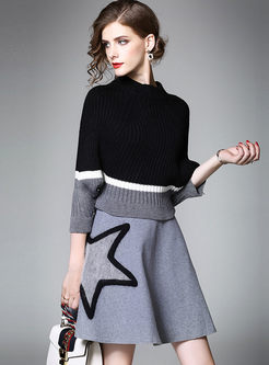 Hit Color Batwing Sleeve Knitted Sweater & A-line Skirt