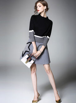 Hit Color Batwing Sleeve Knitted Sweater & A-line Skirt
