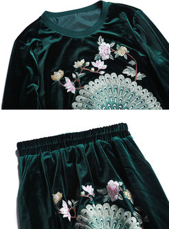 Loose Velvet Embroidery Harem Pants Two-piece Outfits
