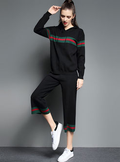 Causal Hooded Striped Stitching Elastic Waist Two-piece Outfits