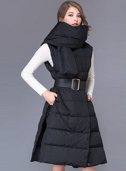 Stylish Sleeveless Belted Down Coat With Neckerchief