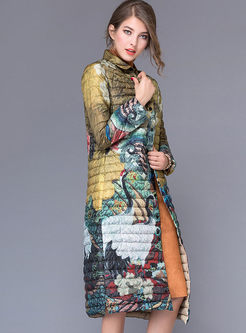 Ethnic Floral Print Turn Down Collar Down Coat