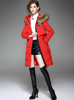 Chic Splicing Hooded Fur Selvedge Down Coat
