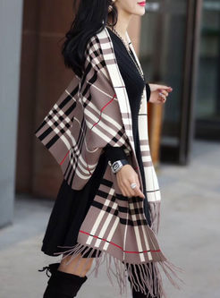 Fashionable Plaid Tassel Loose Kimono